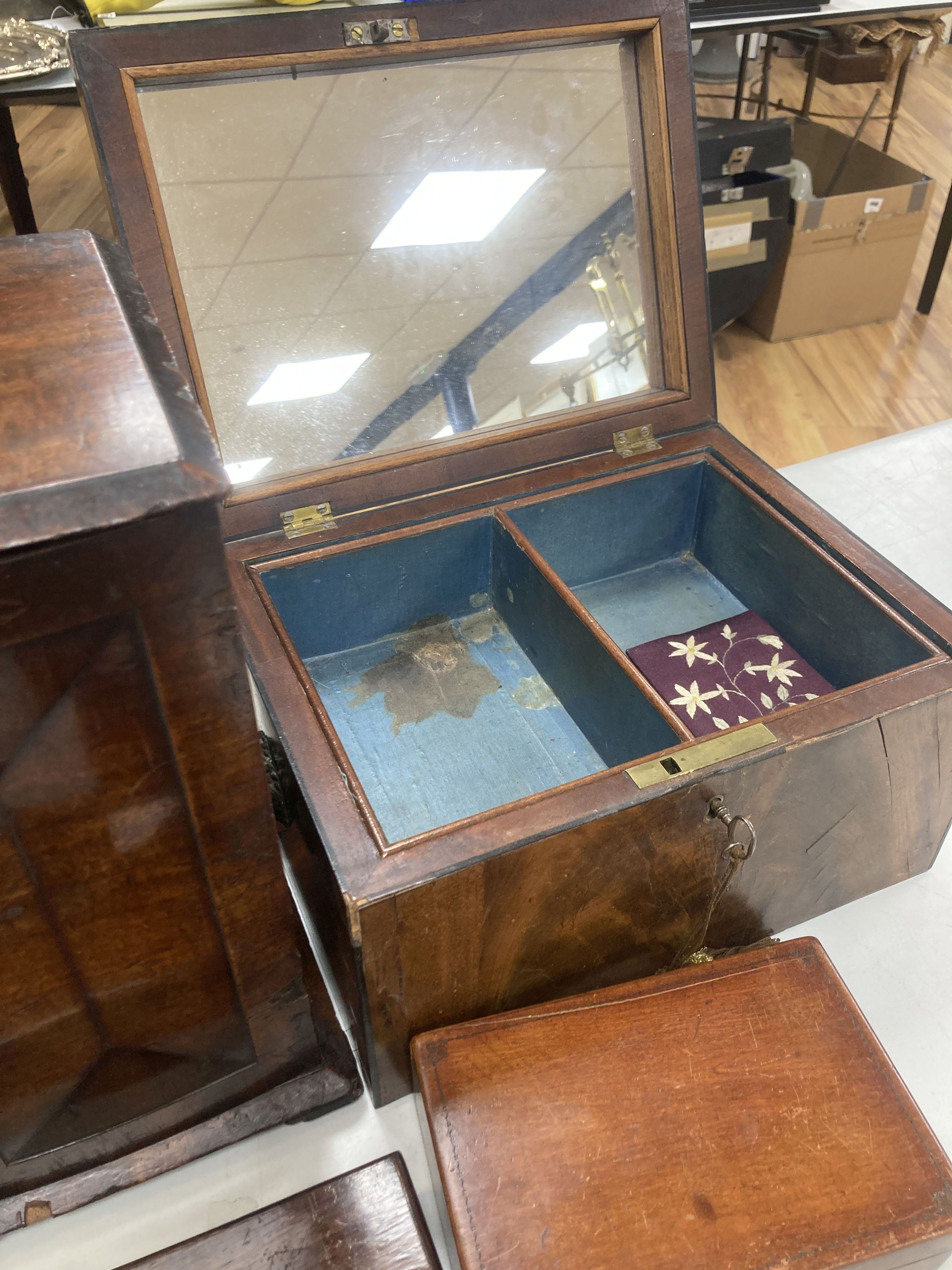 A Victorian mahogany box, collectors cabinet and four other boxes